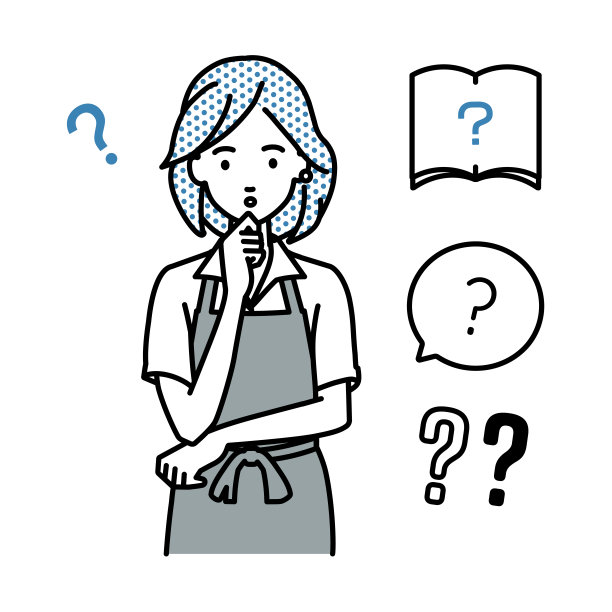 一个穿着咖啡围裙的女人拿着一个问题站着，她的手指放在下巴上的问号图片下载