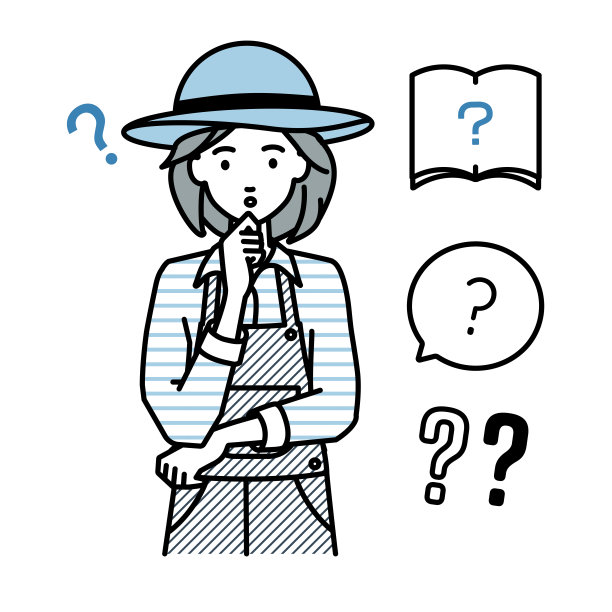 一个农妇拿着一个问题站在她的手指在她的下巴问号设置图片下载