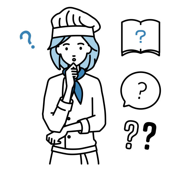 一个女厨师拿着一个问题站在她的手指在她的下巴问号设置图片下载