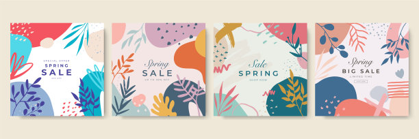 春日广场海报设计模板。时髦的花花方形模板。适用于社交媒体帖子，移动应用程序，卡片，邀请，横幅设计和网页/互联网广告。图片下载