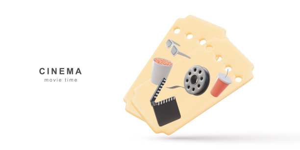 3d现实主义电影概念海报与零食，眼镜，电影拍板，电影条和票，现实细节。矢量插图。图片下载