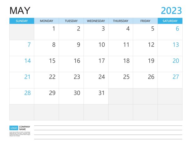 2023日历规划模板- 2023年5月，周开始于周日，2023台历设计，简洁干净的设计，挂历，企业设计规划模板矢量图片下载