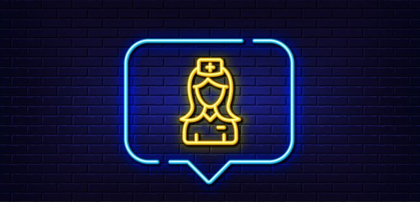 医院护士线图标。医疗帮助助理签字霓虹灯说话泡泡。向量图片下载