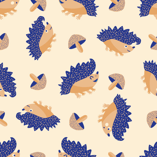 可爱的刺，刺，刺猬和蘑菇无缝的图案背景。卡通卡哇伊刺猬，涂鸦蘑菇背景。大自然森林里的生灵，秋菌重复为儿童。在打印图片下载