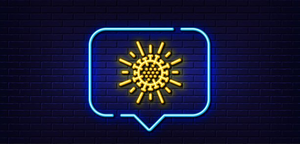 冠状病毒行图标。Covid-19大流行病毒体征。霓虹灯说话泡泡。向量图片下载