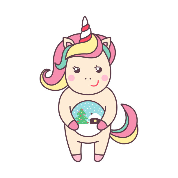 圣诞卡哇伊人物独角兽玻璃雪花球孤立在白色背景。图片下载