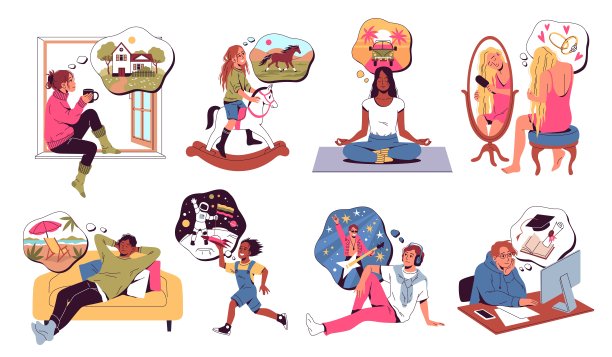 做梦的人。人想到各种积极的事情，年轻浪漫的男女，人物带着思想泡泡，幸福的未来，想象整齐的矢量卡通平集图片下载