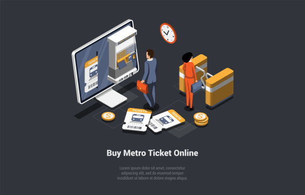 地铁网上购票概念。旅客在自动售票机或自动售票机购票。在地铁门自动检查点进入地下的妇女。等距三维矢量插图图片下载