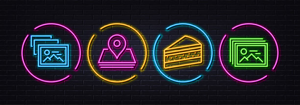 蛋糕，别针和相册最小的线图标。对于网页应用，打印。氖激光3d灯。向量图片下载