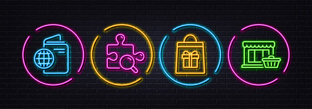 搜索谜题，假日购物和旅行护照最小行图标。对于web应用程序，打印矢量图片下载