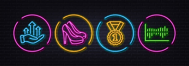 增长图表，最佳排名和鞋子最小线图标。对于网页应用，打印。氖激光3d灯。向量图片下载