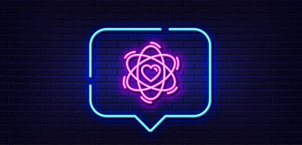 原子与心线图标。能量信号。化学元素。霓虹灯说话泡泡。向量图片下载