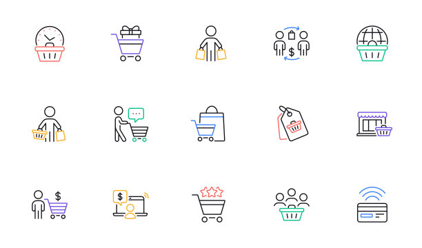 已设置买方客户行图标。非接触式支付、购物车和人群。向量图片下载