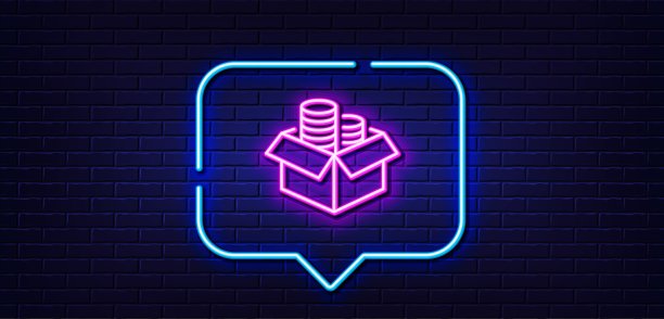 钱箱线图标。金融交易的迹象。霓虹灯说话泡泡。向量图片下载