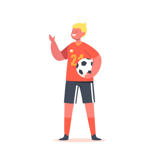 运动员儿童角色穿着制服，手里拿着球。小男孩在白色背景下踢足球图片下载