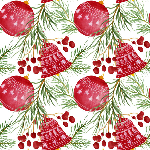 带有节日元素的水彩图案，冷杉树叶和浆果，圣诞树玩具球和铃铛。图片下载