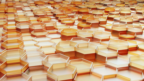 六边形图案，带有六边形的未来主义表面概念。摘要蜂巢，六边形网格，金色蜂蜡，蜡细胞接近，无盖蜂巢，3d渲染图片下载