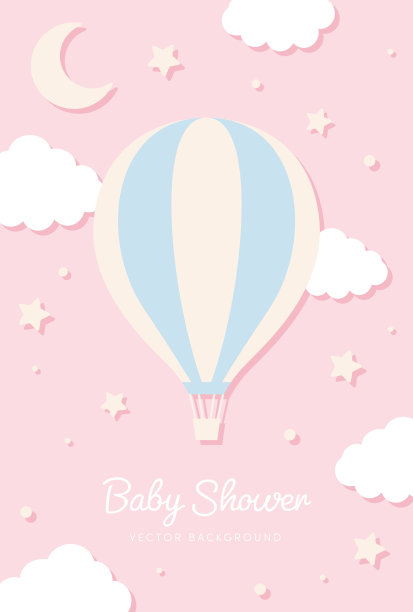 矢量背景与天空中的热气球，用于横幅，婴儿淋浴卡，传单，社交媒体壁纸等。图片下载