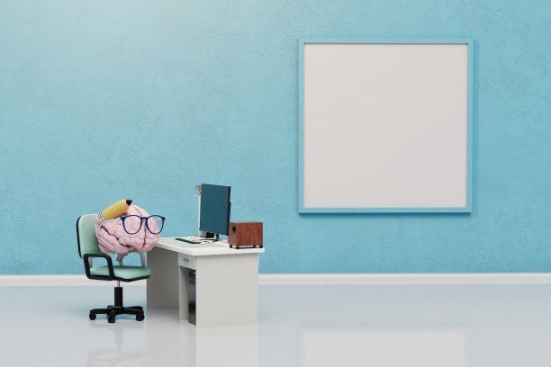 大脑坐在桌子上，在一个有大画框的房间里。复制粘贴，复制空格。三维渲染图片下载