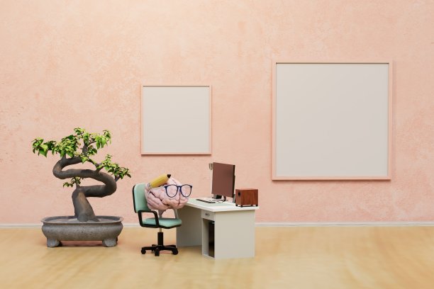 一个大脑坐在桌子上，房间里有一棵大绿树和一些相框。复制粘贴，复制空格。三维渲染图片下载