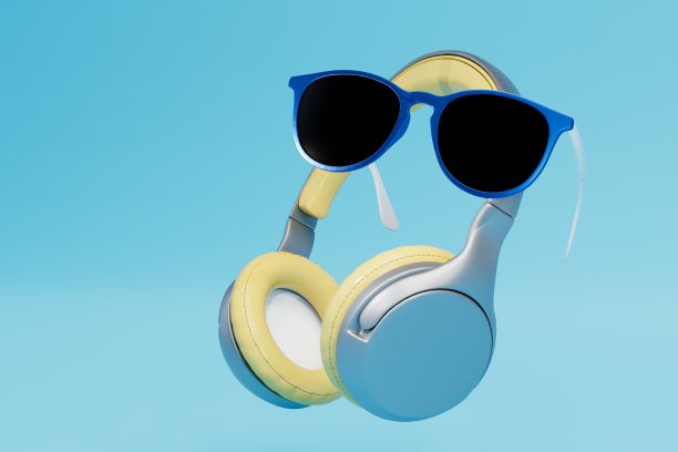蓝色背景的耳机和太阳镜。三维渲染图片下载