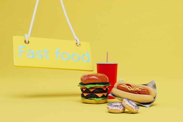 卖快餐的概念。汉堡，热狗，可乐和甜甜圈旁边的快餐标志被霓虹灯照亮。三维渲染图片下载