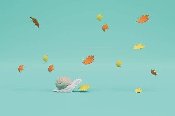 秋天的缓慢到来。蜗牛和树叶飞过蓝绿色的背景。三维渲染图片下载