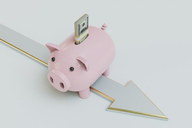 把钱放在存钱罐里。有一包美元和白色背景上的白色箭头的小猪存钱罐。三维渲染图片下载