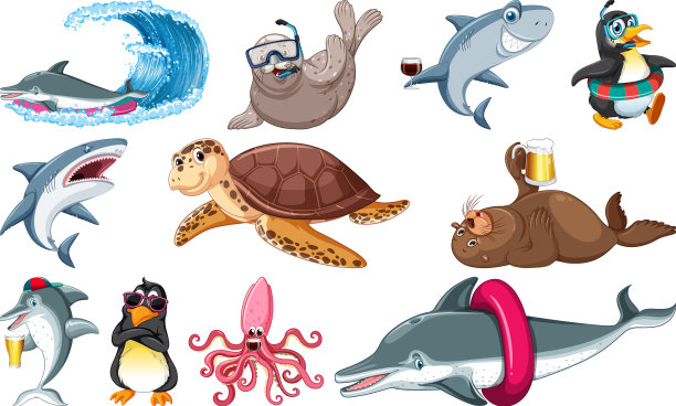 一套各种海洋动物的卡通人物图片下载