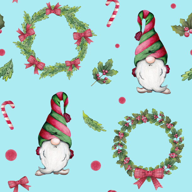 水彩无缝圣诞图案与侏儒，冷杉树，花环，冷杉树枝，糖果和冬青图片下载