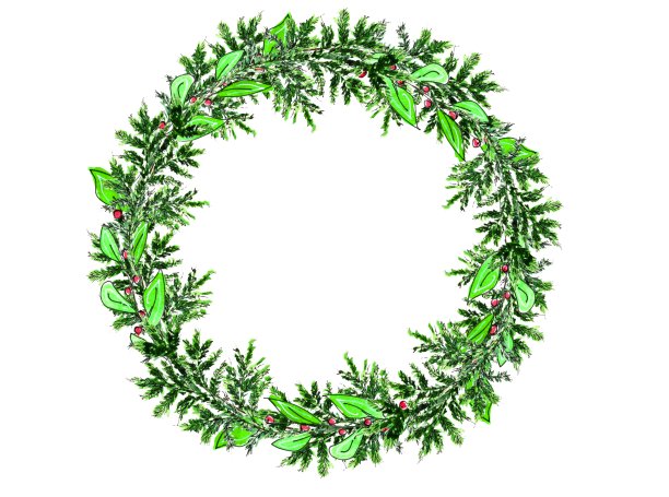 圣诞绿色花环与白色背景。绿色的冷杉枝和红色的浆果。水彩插图。图片下载