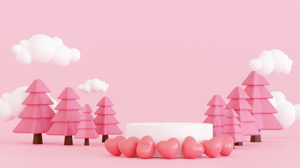 领奖台以粉色卡通秋季乡村景观，草地和山与蓝天和云，为横幅，海报背景，3D渲染。图片下载