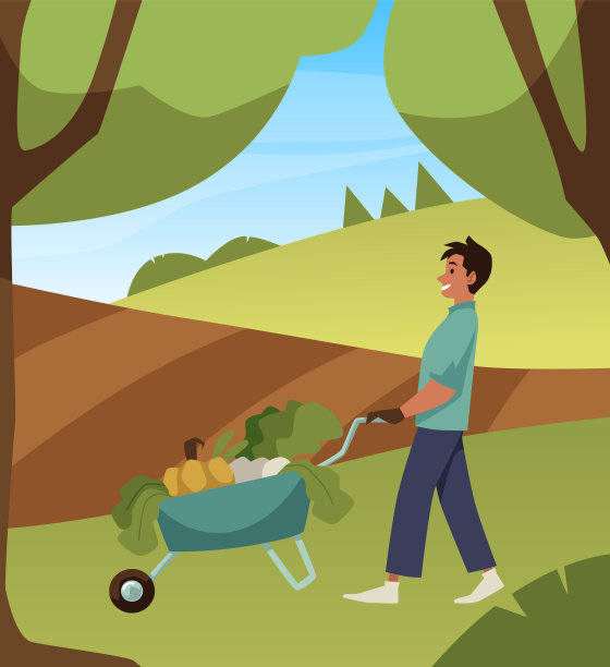 快乐的农民男子推着新鲜收获的蔬菜推车，平坦的矢量插画。图片下载