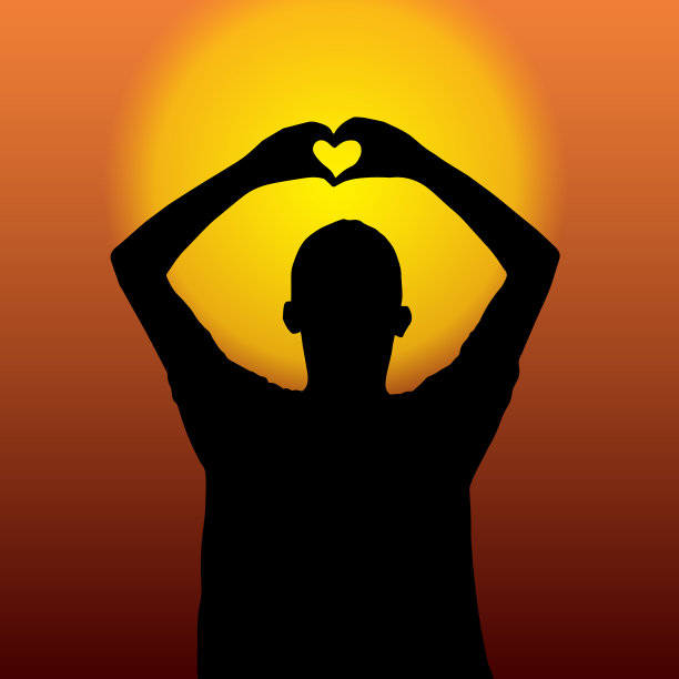 一个人的剪影显示心脏矢量。心的符号来自双手。手的心插图。传播幸福。图片下载