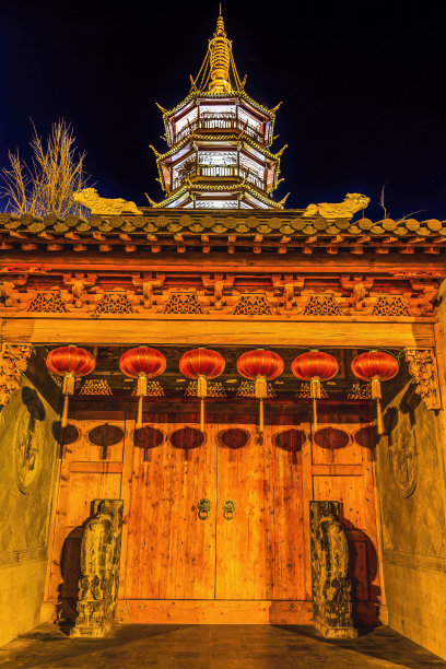 佛教南昌寺木门佛塔江苏无锡中国之夜图片下载