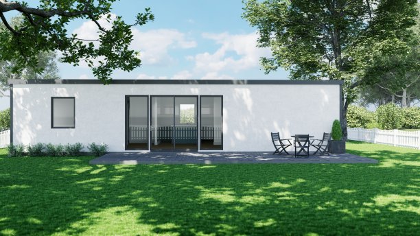 低矮屋顶的白色房子。一个维护良好的房子与景观的3d渲染。图片下载