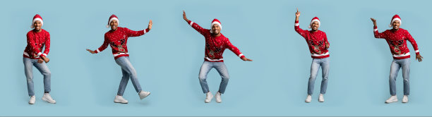 有趣的戴着圣诞帽的黑人转向蓝色，拼贴画图片下载