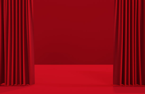覆盆子窗帘，缎面光泽，红色地板。剧院、电影院或展览馆的深红色窗帘。3 d渲染插图。图片下载