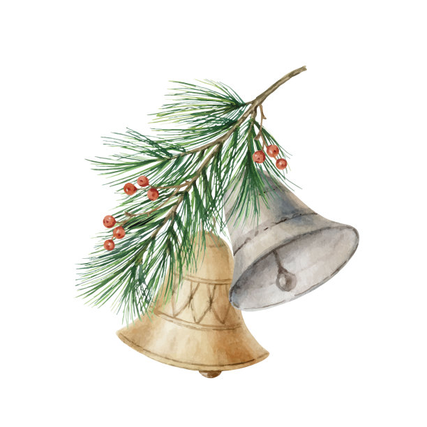水彩圣诞矢量安排与铃铛和松枝。节日装饰明信片，封面，传单，卡片设计，新年邀请，婚礼。孤立的白色背景。图片下载