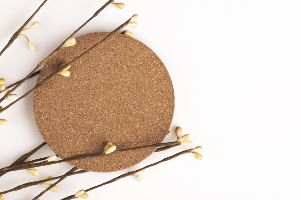 带有细枝的圆形软木展示台或讲台图片下载