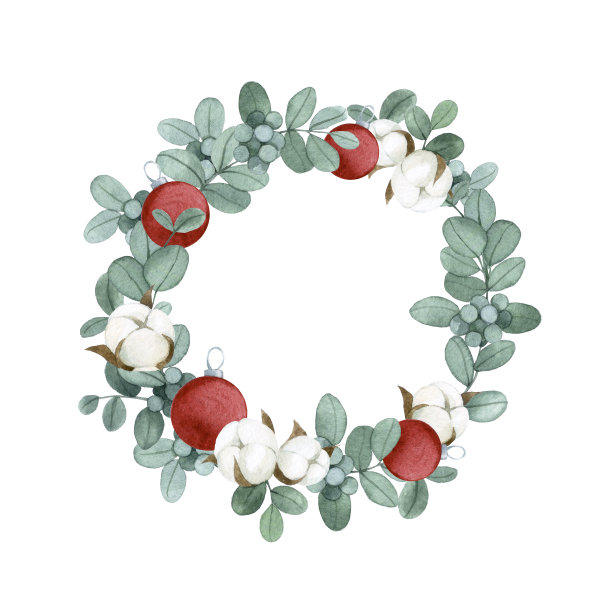 水彩绘画。用桉树叶、棉花和圣诞红球做成的圣诞花环。精美画幅，画框，新年冬天图片下载