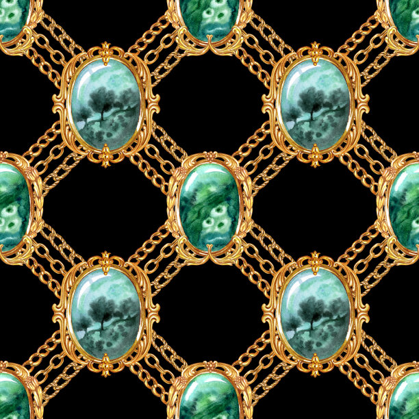 无缝的椭圆形胸针和链在黑色背景上图片下载