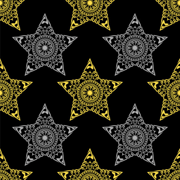 金色和银色星星无缝图案与手绘链。完美的壁纸，网页背景，表面纹理，纺织品。图片下载