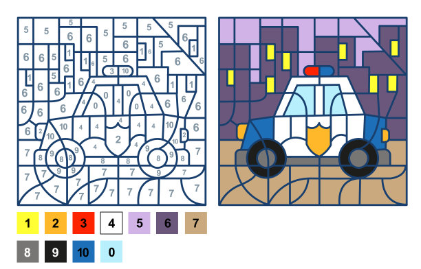 益智游戏警车，颜色由数字表供儿童使用。矢量着色页学习数字图片下载