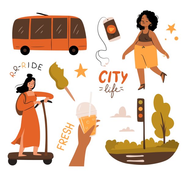 城市生活。快乐的女人，公路，公共汽车，写字和果汁图片下载