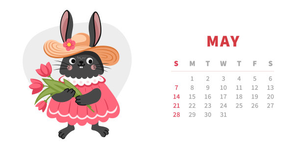 2023年5月的日历水平模板。中国黑水兔年。可爱的卡通兔子女孩与郁金香花的角色。矢量插图。图片下载