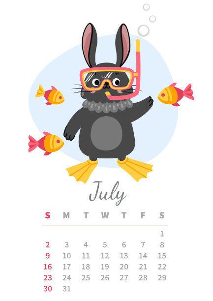 2023年7月日历垂直页。中国的黑水兔，是年的象征。兔子在水下和鱼一起潜水。A4挂历设计。矢量插图。图片下载