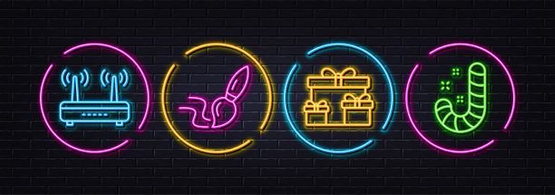 Wifi，惊喜盒和刷最小的线图标。对于网页应用，打印。氖激光3d灯。向量图片下载