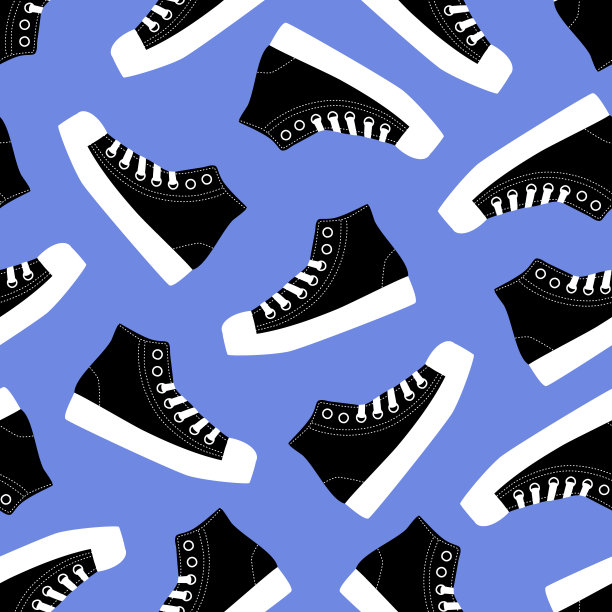 经典的黑色运动鞋在平面风格手绘矢量插图。时尚运动鞋的无缝图案装饰，织物或墙纸。图片下载