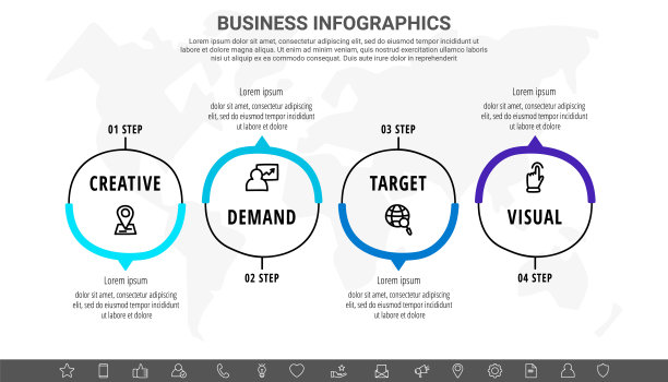 带有四个圆圈和箭头的手绘矢量线信息图。包含4个步骤的流程图流程模板。商业项目的现代时间表，演示图片下载